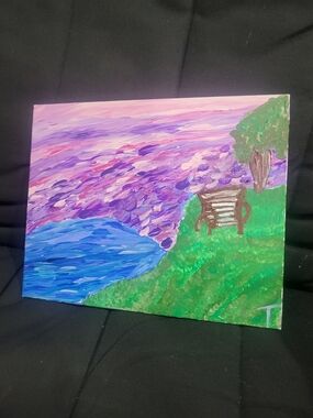 Purple Waterscape Canvas Print with Green Shore and Bench